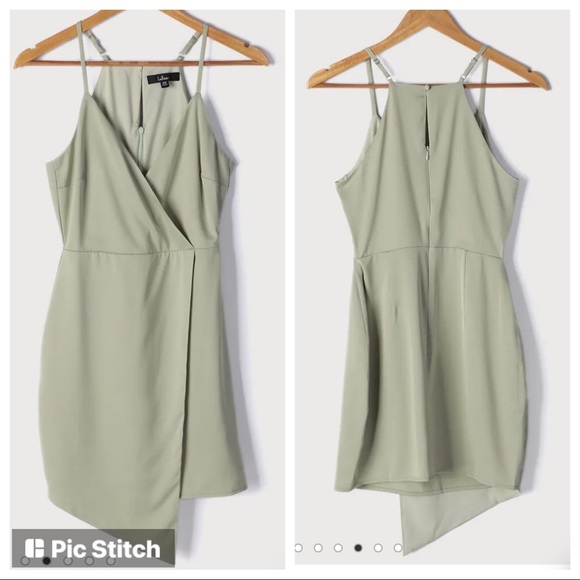 Lulu’s What a Stunner Sage Green Satin Asymmetrical Mini Wrap Dress - Picture 2 of 5